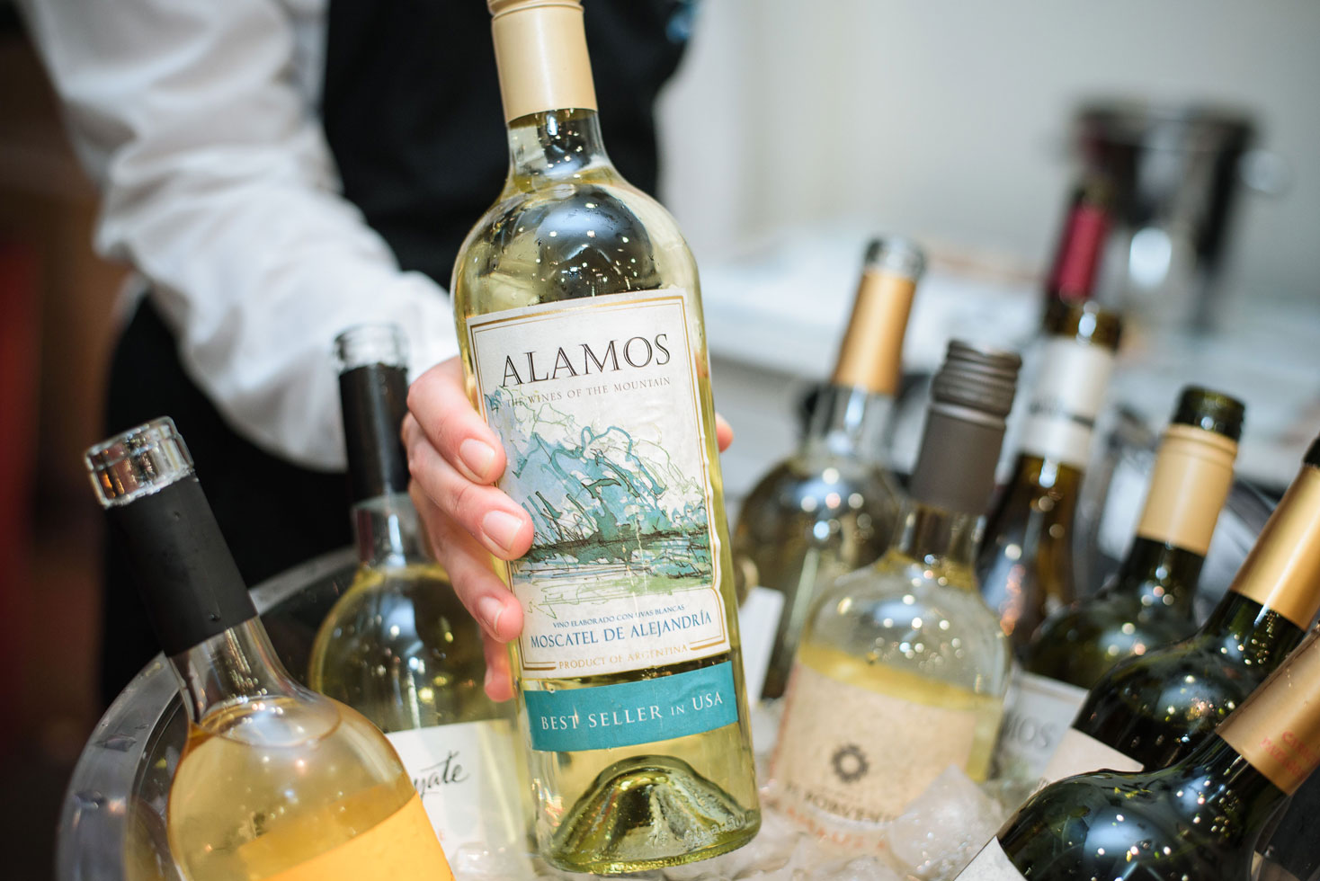 Bottle of white wine held up over an ice bucket at a wine tasting event